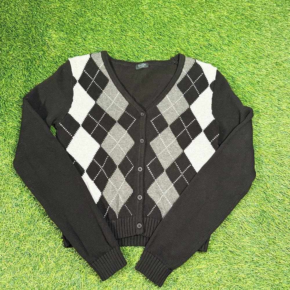 J. Galt Argyle Cropped Cardigan Size OS Black Gray Button Front Sweater